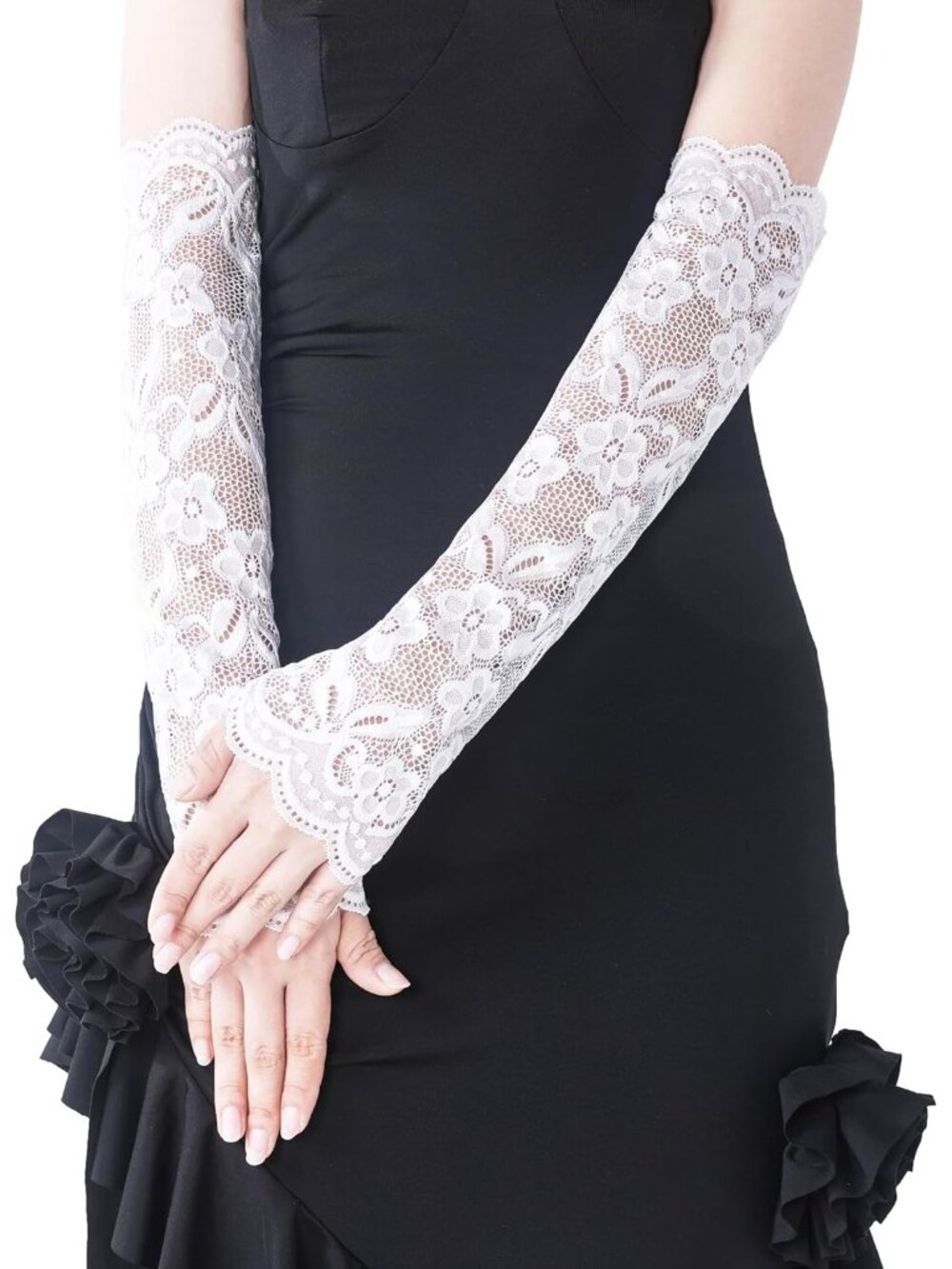 Women Lace White 1920s Arm Sleeves Classic Bridal Elbow Length Satin Opera Glove - Picture 3 of 4